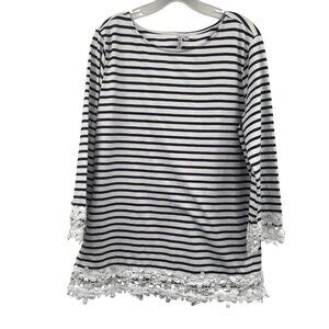 Kate Park Womens Striped Top Lace Trim 3/4 Sleeve White/Navy Size XL